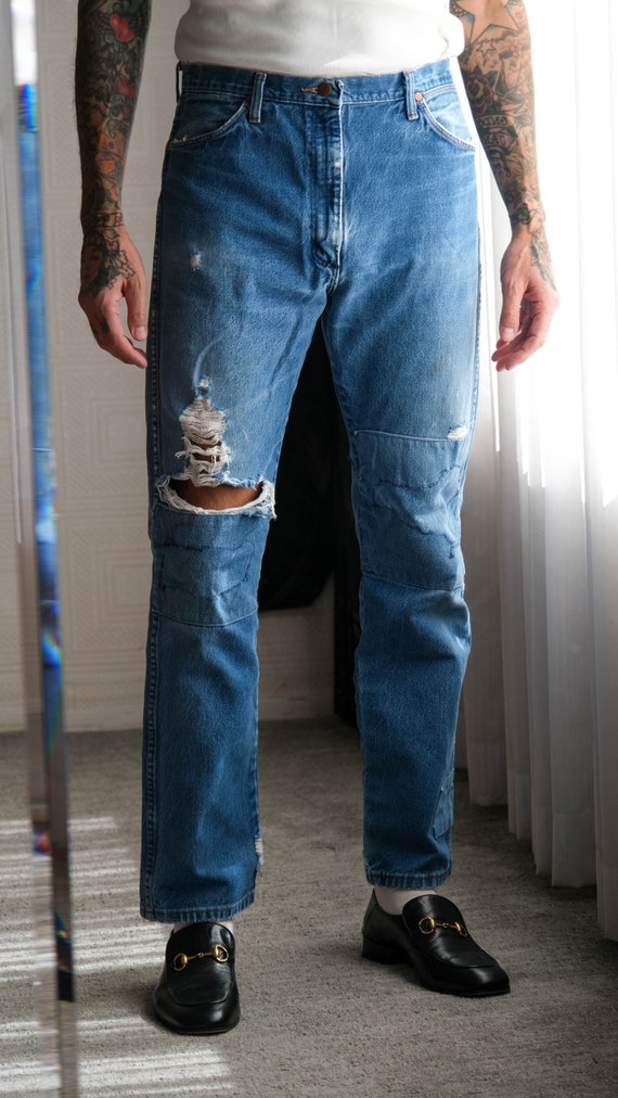パンツ 80s~ Wrangler denim slacks made in USA Vintage 80s WRANGLER Medium Indigo Destroyed & Patched Whiskered