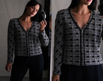 Vintage 90s St. John Collection Black & White Checkered Boucle Santana Knit Cropped Zip Cardigan | Made in USA | 1990s Y2K Designer Jacket