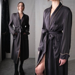 Vintage 50s Penny's Towncraft Smoke Rayon Chainstitch Gabardine Robe w/ Beige Piping & Patch Pockets | Made in USA | 1950s Designer Robe