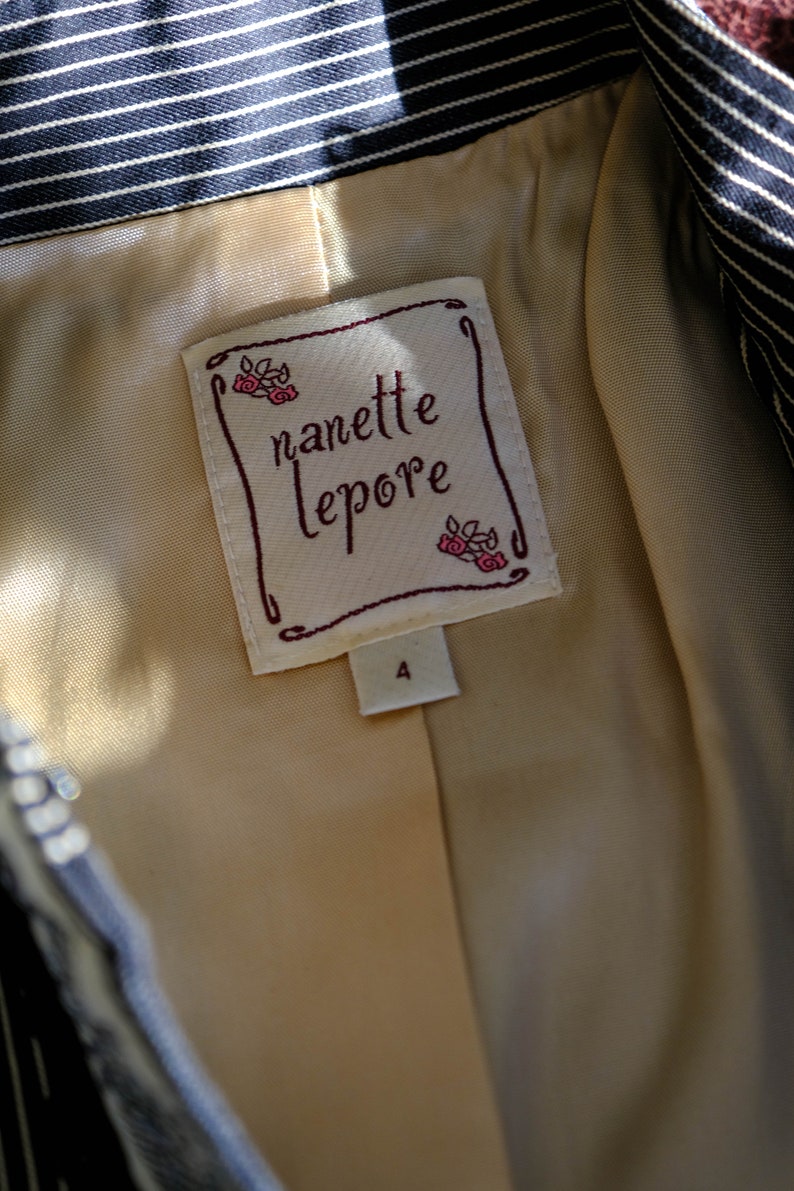 Vintage Nanette Lepore Dark Indigo Hickory Stripe w/ Black Velvet Lace & Floral Trim Mini Skirt Set Made in USA 2000s Y2K Designer Suit image 10