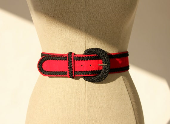 Vintage 80s 90s Red Velvet Belt with Black Braide… - image 2