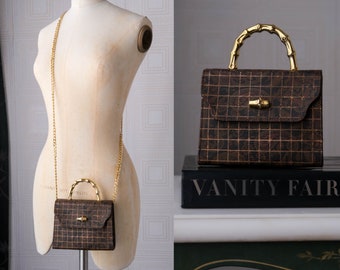 Vintage 80s THE LIMITED Paisley Vuitton Styled Mini Convertible Crossbody Handbag w/ Gold Bamboo Handle | 1980s 1990s Designer Micro Bag
