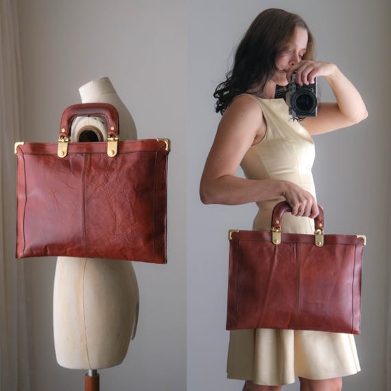 Vintage 70s BOND STREET Cognac Leather & Brass Portfo… - Gem