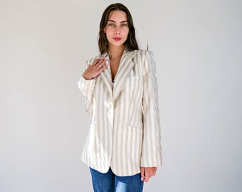 Vintage 90s Giorgio Armani Ivory & Light Gray Textured Stripe Silk Blazer | Made in Italy | 100% Silk | 1990s Armani Designer Silk Jacket