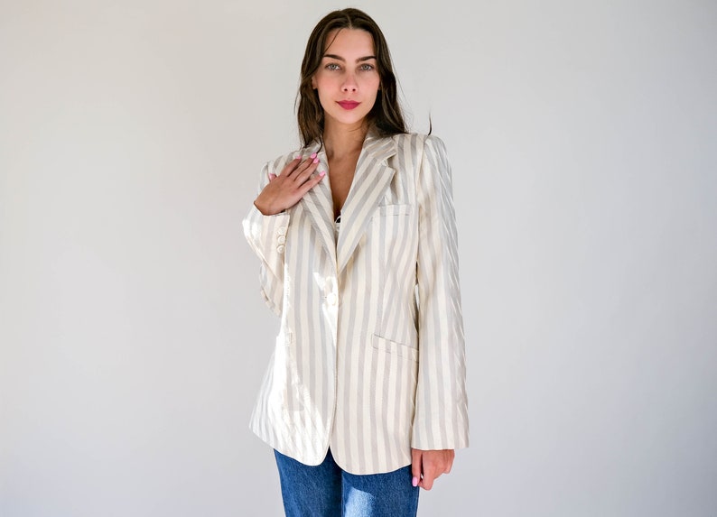 Vintage 90s Giorgio Armani Ivory & Light Gray Textured Stripe Silk Blazer Made in Italy 100% Silk 1990s Armani Designer Silk Jacket image 1