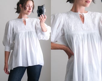 Vintage 70s White Gauzy Cotton 3D Embroidered Babydoll Bohemian Peasant Top | 100% Cotton | 1970s Hippie Era Summer Boho Shirt