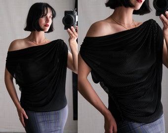 Vintage DONNA KARAN Black Label Asymmetrical Draped Black Fortuny Pleated Twist Off The Shoulder Tank Top | Y2K 2000s DKNY Designer Blouse