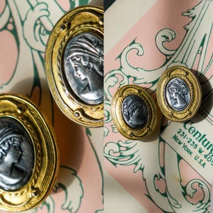 Vintage 80s JADED Signed Gold & Silver Cameo Etruscan Bust Clip On Earrings | Donna Karan, Anne Klein | 1980s Old Money, Designer Jewelry