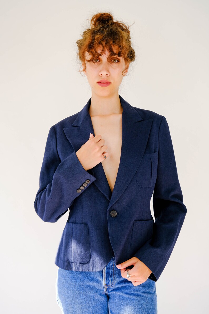 Vintage Ralph Lauren Blue Label Navy Silk 1940s Style Cropped Blazer Unworn w/ Tags Made in Japan 100% Silk Y2K RRL Designer Jacket image 5