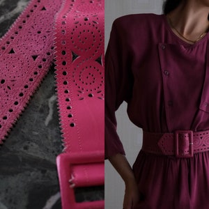 Vintage 80s VACHER Fuchsia Etched Cut Leather Belt | Made in France | 100% Genuine Leather | Claude Montana | 1970s French Designer Belt