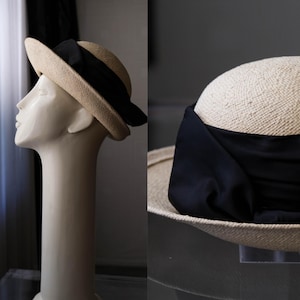 Vintage Black Straw Sun saucer Hat with Cream Bow Accent 1940’s/ 1950’s Vintage 1940s / 1950s Style Conical Summer Hat With Bow  main image 4