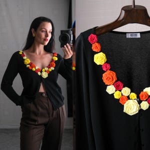Vintage 90s MOSCHINO Black Heart Button Cardigan w/ Rose Applique Neckline | Made in Italy | 1990s Cheap & Chic Designer Knit Cardigan