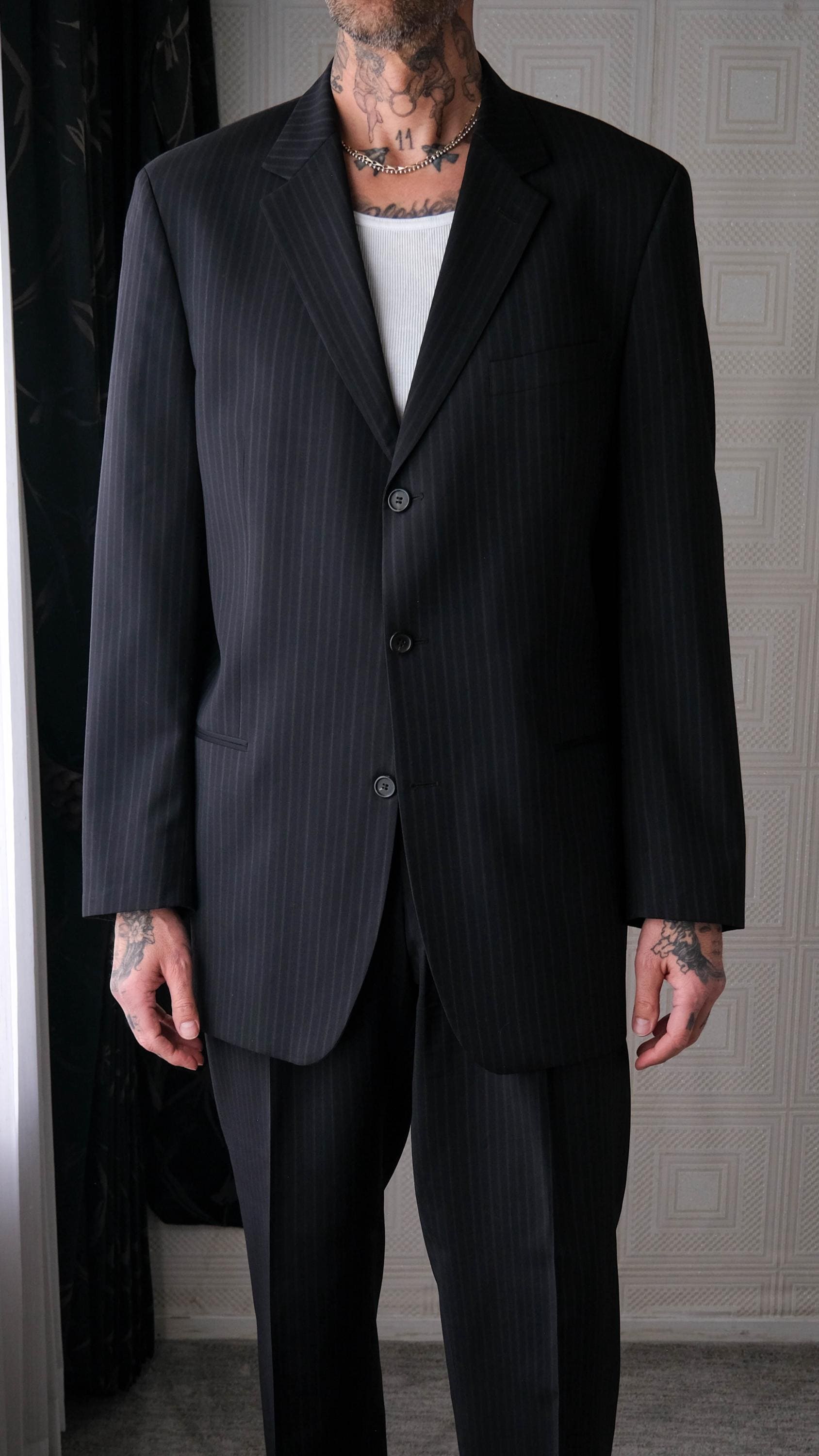 Vintage 90s HUGO BOSS Einstein Black & Navy Pinstripe Wool
