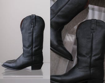 Botas vaqueras vintage Tony Lama de piel de becerro negra con puntera "R" de los años 70 y 80 / Talla W 7.5 / Hechas en EE. UU. / Botas vaqueras de diseñador de los años 80