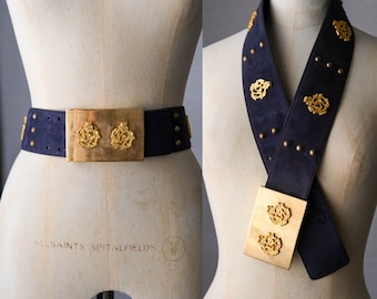Vintage 80s ESCADA Navy Blue Suede Belt w/ Gold Crest Rivets & Heavy Brass Buckle | Made in W. Germany | 100% Leather | 1980s Designer Belt