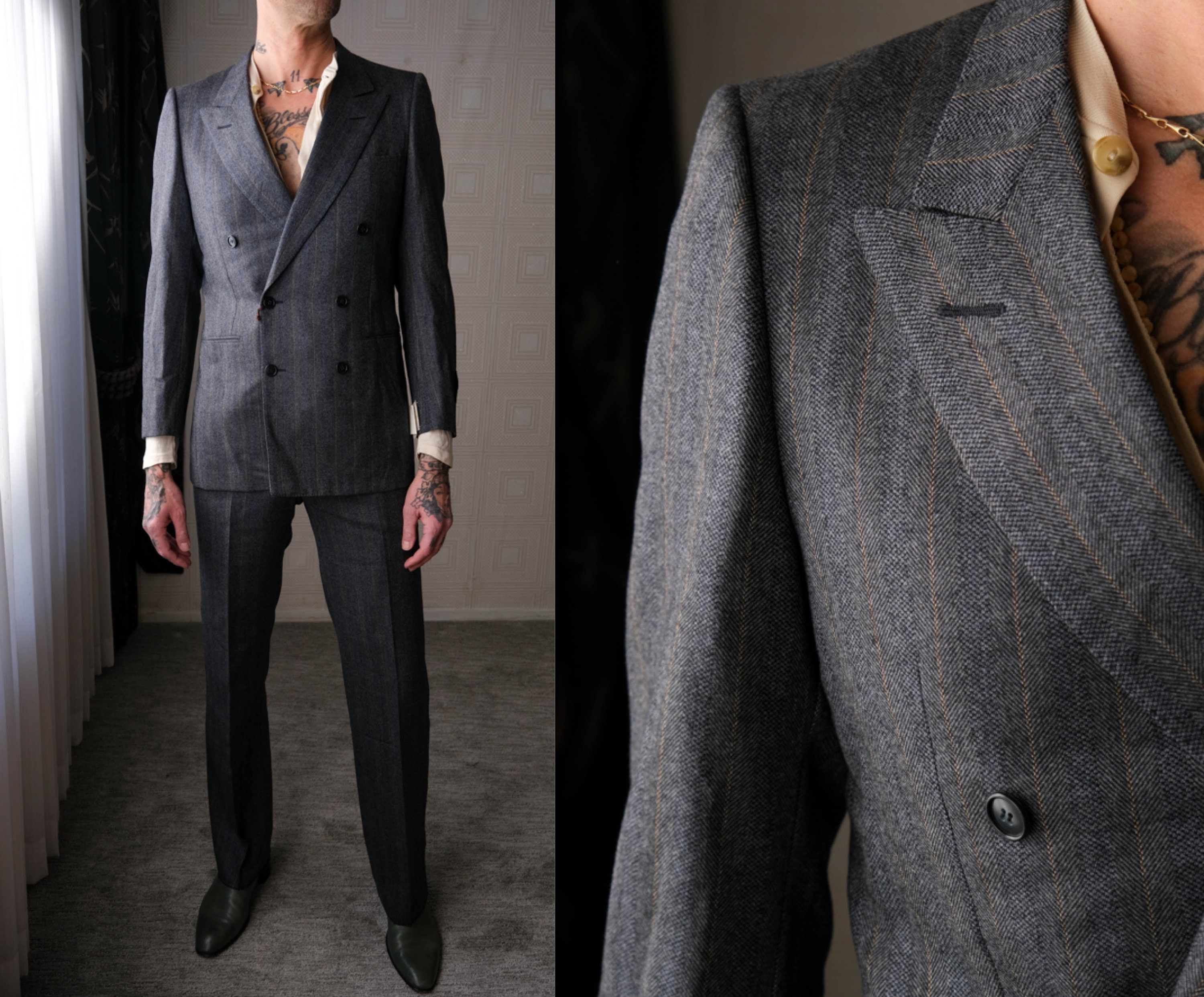 Vintage 80s CHRISTIAN DIOR Herringbone Stipe Wool Double Vintage 80s CHRISTIAN DIOR Herringbone Stipe Wool Double