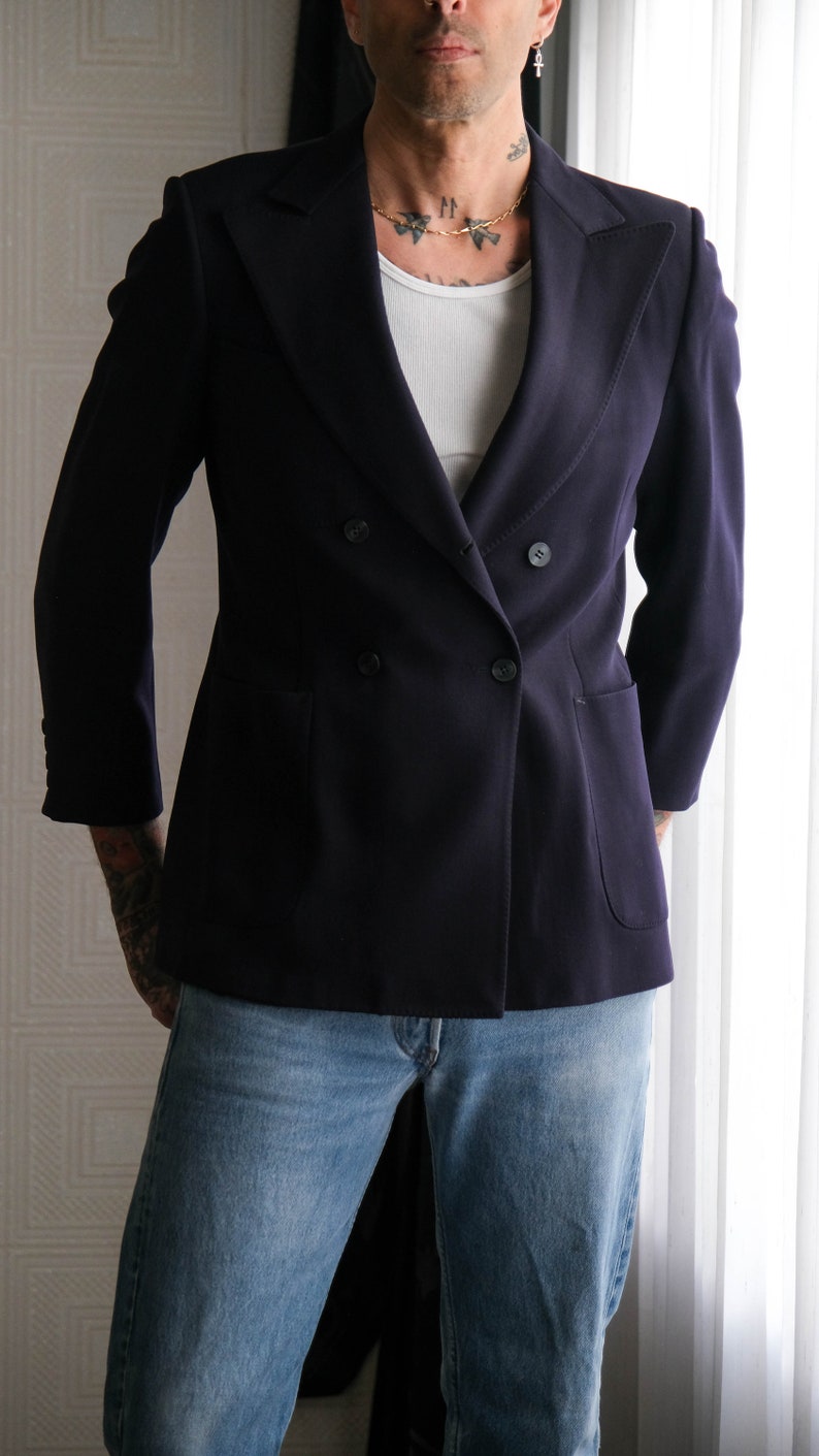 Vintage 70s LANVIN PARIS Navy Blue Heavy Wool Gabardine Wide Lapel Double Breasted Blazer Tailored in USA 1970s French Designer Jacket image 2