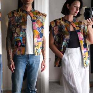 May include: A colorful patchwork vest with a variety of fabrics and patterns. The vest is sleeveless and has a collar. It is made of a variety of materials, including denim, cotton, and silk.
