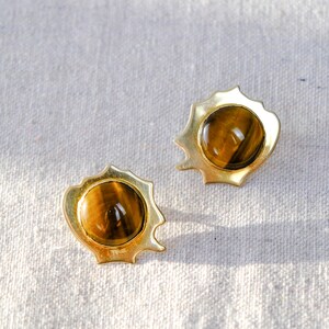 Vintage 80s Joyce Quintana Signed Gold Plated Sterling Silver & Tiger Eye Stone Earrings Sterling Silver .925 1980s Avant Garde Jewelry image 4