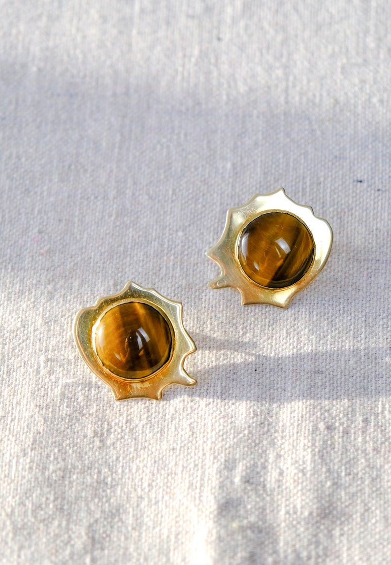 Vintage 80s Joyce Quintana Signed Gold Plated Sterling Silver & Tiger Eye Stone Earrings Sterling Silver .925 1980s Avant Garde Jewelry image 4