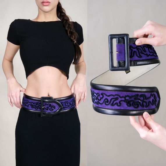 Vintage 1980s Isabel Canovas Violet Suede Satouche & Black Leather Belt | Made in France | 1980s Designer Couture French Oversized Belt