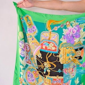 Vintage LEONARD PARIS Lime Green Silk Hand Rolled Scarf w/ Pastel Floral Bag Print | 100% Silk | Made in Italy | French Designer Silk Scarf
