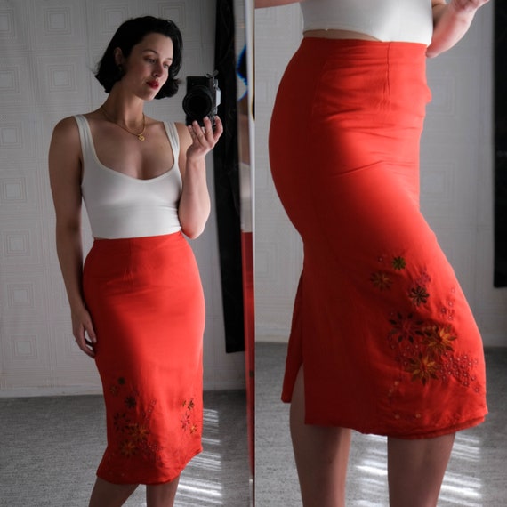 Vintage CLIO Blood Orange Silk Crinkle High Waisted Midi Skirt W Floral Daisy Embroidery 100 Silk Size 4 Y2K 2000s Designer Skirt Etsy Ireland