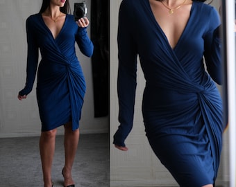 DONNA KARAN Black Label Navy Blue Twist Knot Ruched Wrap Superfine Jersey Knit Bodycon Dress | Y2K 2000s Donna Karan New York Designer Dress