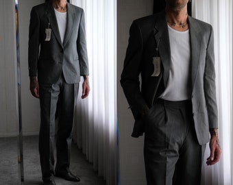 Vintage 80s Giorgio Armani Black & Ivory Cotton Birdseye Herringbone Suit Unworn w/ Tags / Made in Italy / Size 50 / 1980s Designer Suit