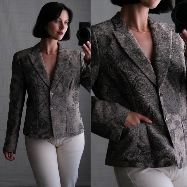 GIORGIO ARMANI Gunmetal Rose Pebble Damast bijgesneden zijden gevoerde blazer met drukknopen | Gemaakt in Italië | Y2K ARMANI designerjack uit de jaren 2000