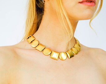 Vintage 80s Anne Klein Signed Gold Geometric Shapes Choker Necklace | Statement Piece, Chunky Layering Necklace | 1980s Designer Jewelry