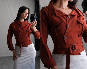 Vintage 90s Jean Paul Gaultier Burnt Orange Linen Cropped Double Breasted Military Style Jacket | Made in Italy | 1990s JPG Designer Jacket