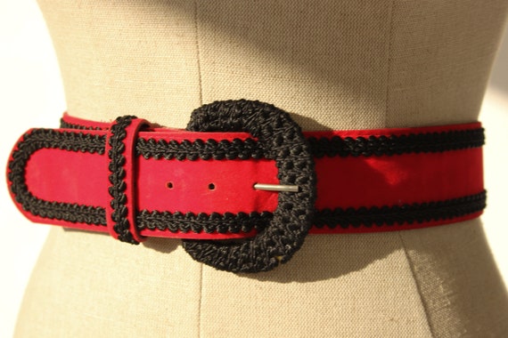 Vintage 80s 90s Red Velvet Belt with Black Braide… - image 4