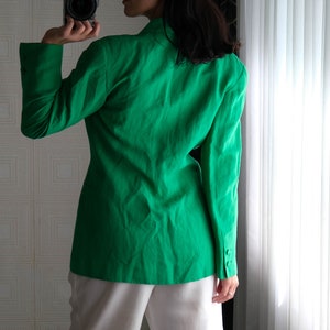 Vintage 90s Claude Montana Shamrock Green Pleated Tuxedo Pleated Bib Skirt Suit Made in Italy 100% Linen 1990s Designer Power Suit image 7