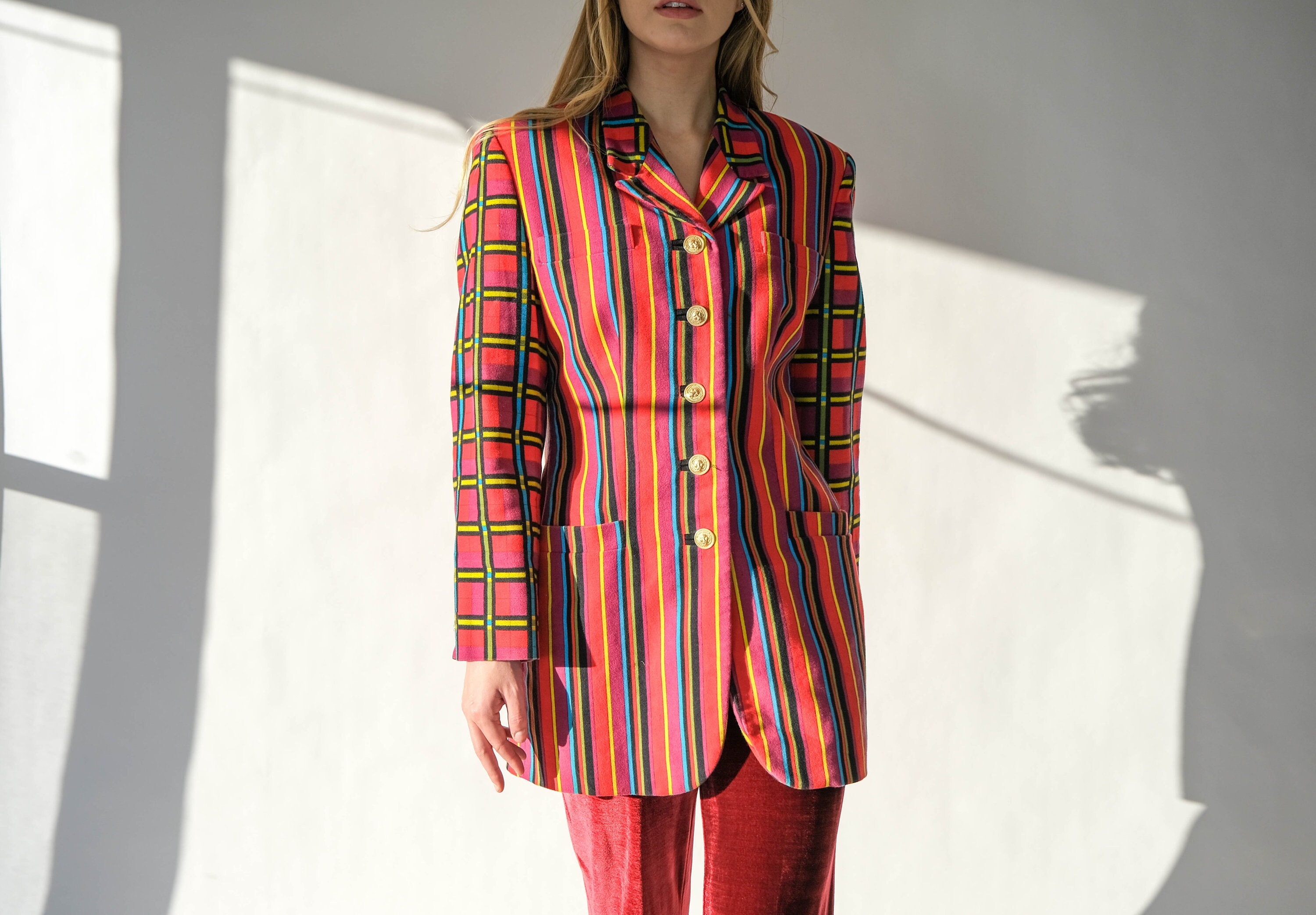Vintage 90s Gianni Versace Versus Vibrant Stripe & Plaid Vintage 90s Gianni Versace Versus Vibrant Stripe & Plaid