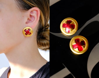 Vintage 80s Anne Klein Signed Gold & Red Enamel X Shaped Earrings | Statement Piece, Pierced Stud Earrings | 1980s Designer