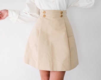 Vintage CHLOE Light Sand High Waisted Mini Skirt w/ Pockets & Gold Framed Wooden Initial Buttons | Made in France | 1990s Y2K Designer Skirt