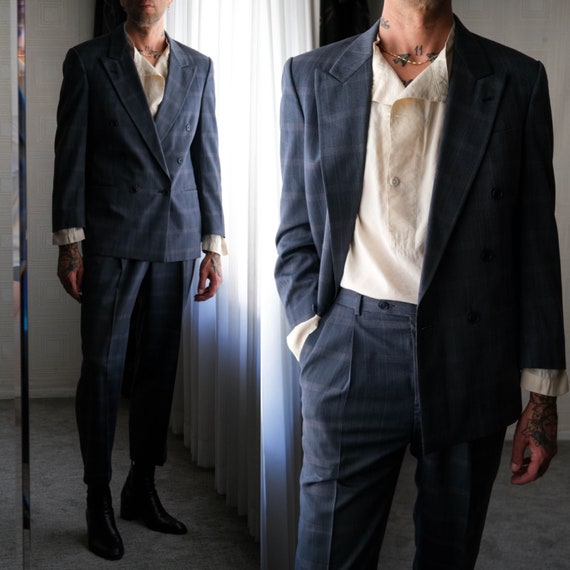 Traje vintage de los anos 80 de CHRISTIAN DIOR Monsieur azul marino a cuadros de tartan