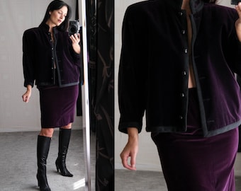 Conjunto de jaqueta e saia acolchoada de veludo ameixa vintage Yves Saint Laurent Rive Gauche dos anos 80 | DOCUMENTADO | Fabricado na França | Conjunto de designer YSL dos anos 80