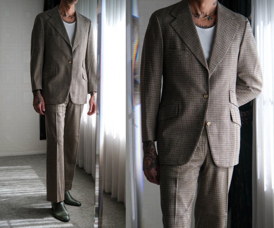 Vintage 70s Ralph Lauren Polo Brown Tweed Houndstooth Suit Made in USA 100 Wool Wide Lapel Flare Leg 1970s POLO Designer Suit Etsy UK