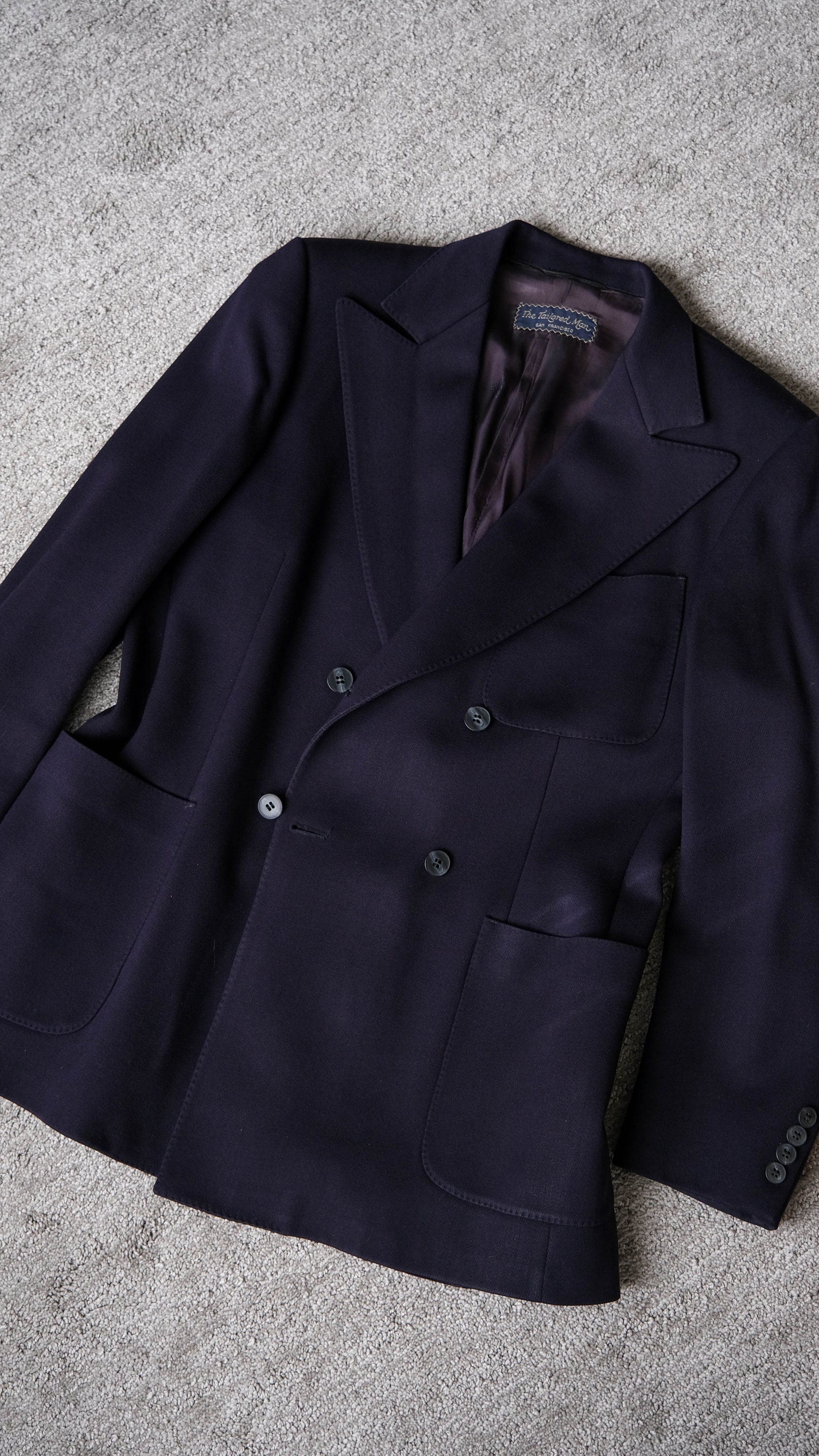 Vintage 70s LANVIN PARIS Navy Blue Heavy Wool Gabardine Wide Lapel