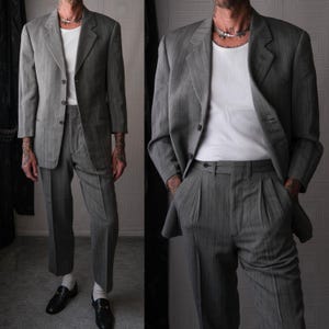 Vintage 90s GIORGIO ARMANI Le Collezioni Gray Herringbone Stripe Wool Blend Three Button Suit | Made in Italy | 1990s ARMANI Designer Suit