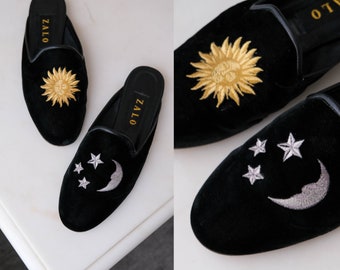 Vintage 80s ZALO Black Velvet Leather Trimmed Mule Slides w/ Embroidered Sun & Moon Design | Size 8.5 | 1980s Designer Womens Loafers Shoes