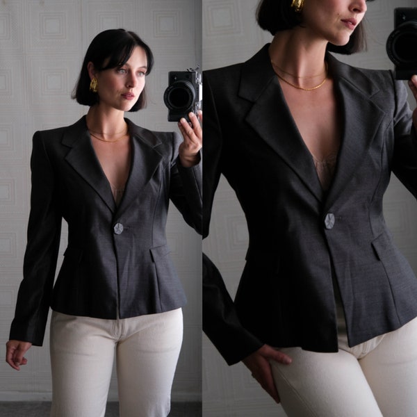 GIORGIO ARMANI Gunmetal Silk Sharkskin Cropped Peplum Single Button Blazer Unworn w/ Tag | Made in Italy | Y2K ARMANI Designer Peplum Jacket