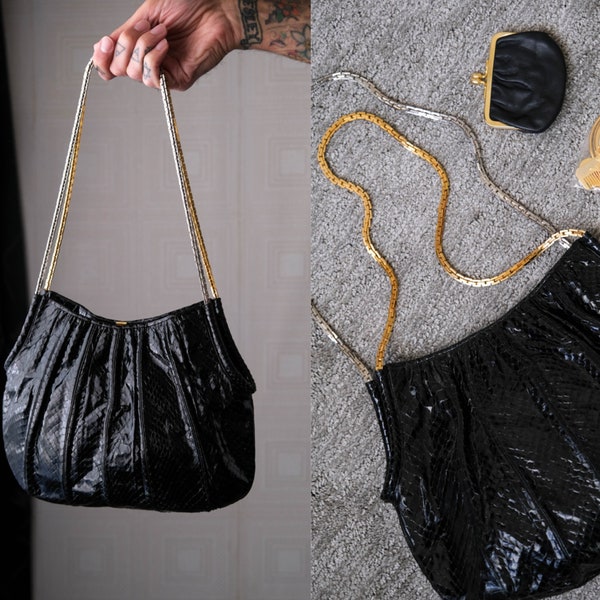 Vintage 80s Judith Leiber Black Shiny Snakeskin Handbag w/ Gold & Silver Block Chain Straps | 100% Genuine Snakeskin | 1980s Designer Purse