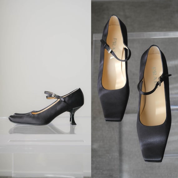 Prada, Vintage PRADA 1999 Archival Nero Raso Satin Mary Jane Square Kitten Heels Unworn w/ Box & Bags | DEADSTOCK | Size 39.5 | 1990s Designer Shoe