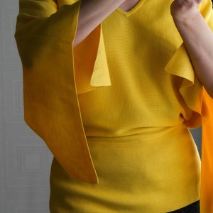 Vintage Diane Von Furstenberg Silk Assets Canary Yellow Textured Silk Split Dolman Sleeve Blouse 100% Silk Y2K DVF Designer Kimono Top image 5