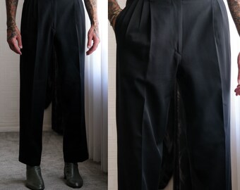 Vintage 80s Zanella for Bernini Beverly Hills Black Gabardine Cuffed Slacks | Made in Italy | 100% Wool | 1980s Italian Designer Mens Pants