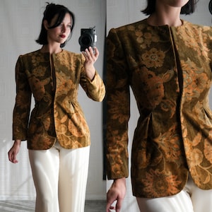 Vintage 80s BILL BLASS for Neiman Marcus Golden Earthtone Velvet Mandala Floral Hourglass Shape Jacket | Made in USA | 1980s Designer Blazer