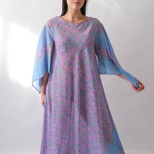 Vintage 70s Saks Fifth Ave. Sky Blue Lilac Floral Print Maxi Dress w/ Hand Rolled Fairy Sleeves Made in Italy 1970s Designer Boho Dress image 6